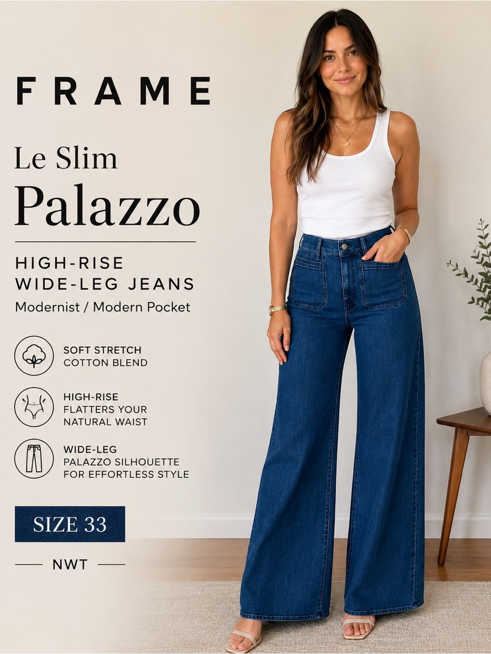 FRAME Le Slim Palazzo Modernist Pocket Wide Leg Jeans High Rise NWT Size 33